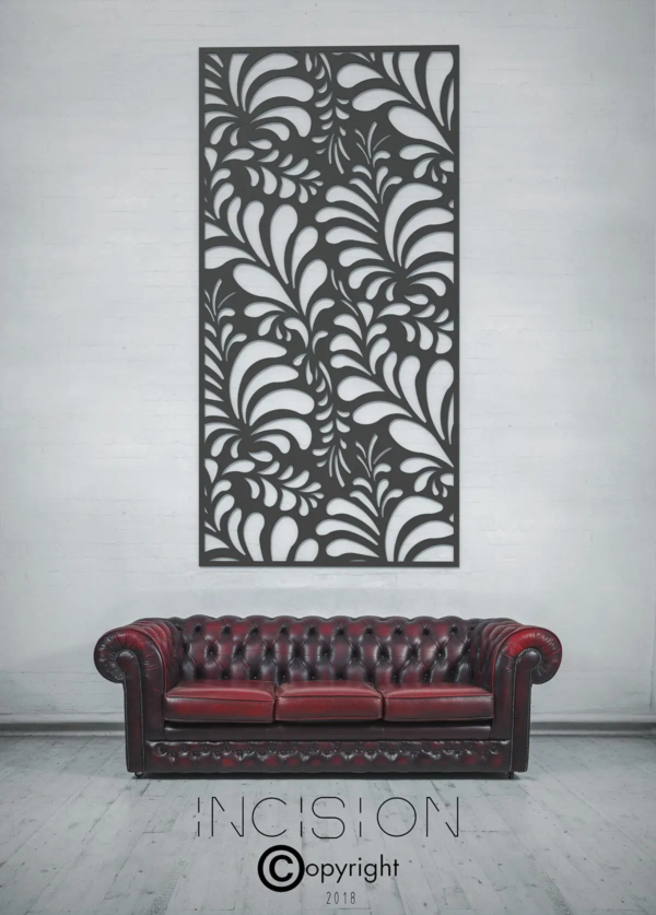 Incision Vintage Design Decorative Metal Screen in a lounge mockup with a red couch