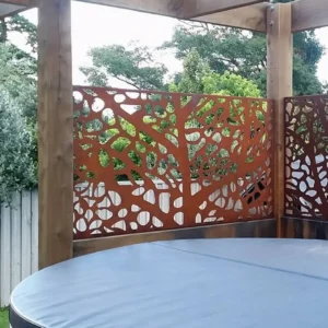 spa pool with a leafe decorative metal screen