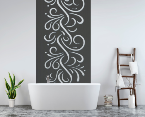 Steaming decorative metal screen in a bathroom setting