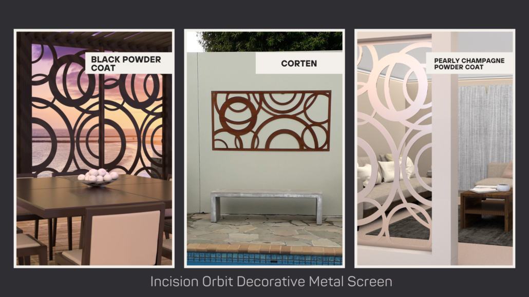 Orbit Incision Decorative Metal Screen with different finishes, powder coated and in corten to rust.