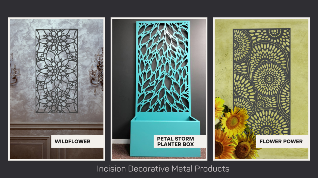 Incision Decorative Metal Products showcasing different designs Wild Flower, Petal Storm and Flower Power